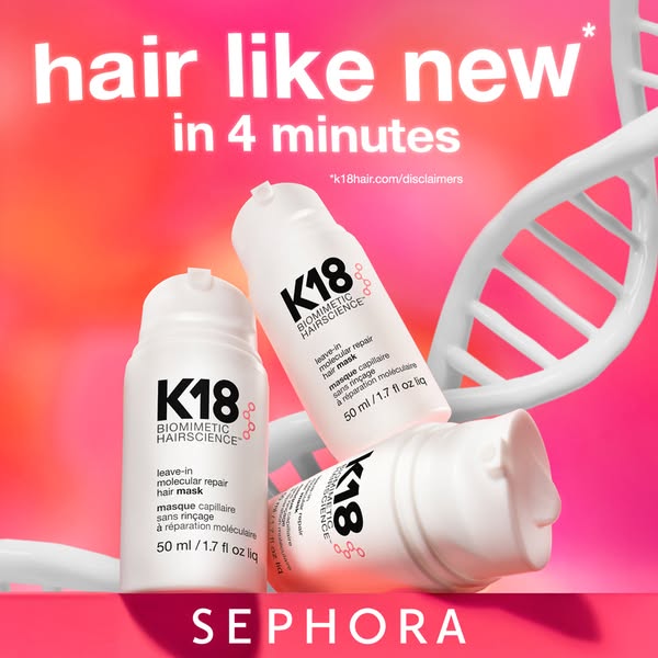 This image ad for K18 hair mask is advertising that the product can make hair like new in 4 minutes and is available at 