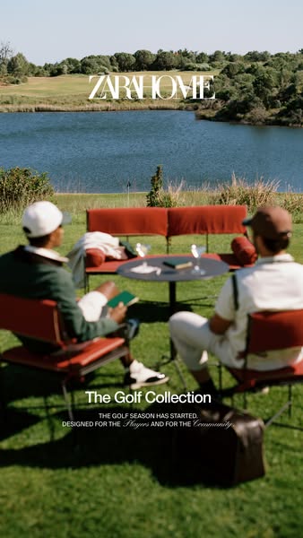 The ad features a scene on a golf course where two people are relaxing on modern furniture from Zara Home. The focus is 