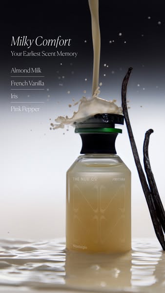 This ad showcases The Nue Co's Milky Comfort fragrance, emphasizing its nostalgic scent profile and comforting quali