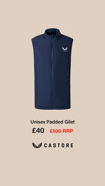 This ad features a navy Unisex Padded Gilet by Castore. The ad showcases the product in a simple setting with pricing in