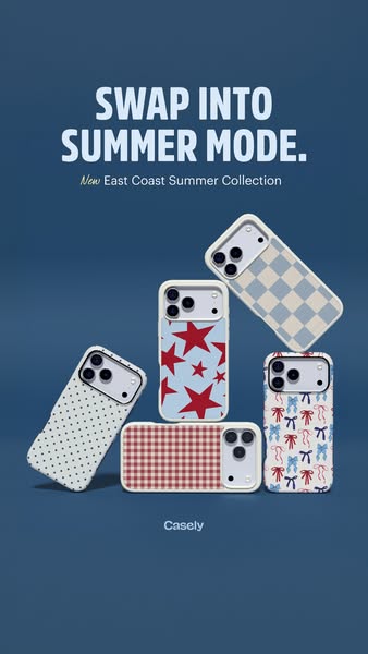 Image ad showcasing a variety of colorful phone cases, advertising a new East Coast Summer Collection.