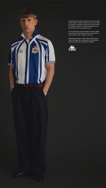This image features a model wearing an athletic shirt from the Kappa x Pompeii collaboration, with a text block outlinin