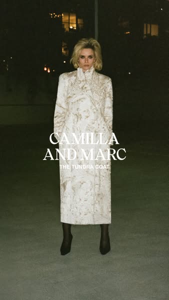 This ad features a woman modeling the Tundra Coat from Camilla and Marc. The image is centered on the model and text is 