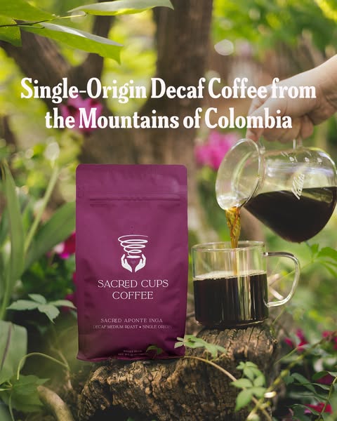 This ad is for Sacred Cups single-origin decaf coffee. The ad features a bag of coffee next to a clear mug being filled 