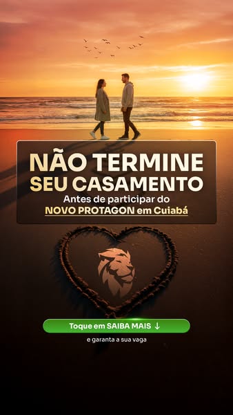 This image ad uses the visual of a couple walking on the beach at sunset to introduce a marriage-saving event in Cuiabá.