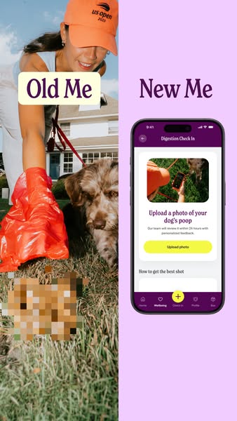 This image ad compares the "old me" and the "new me," using a mobile app to care for a dog by taking