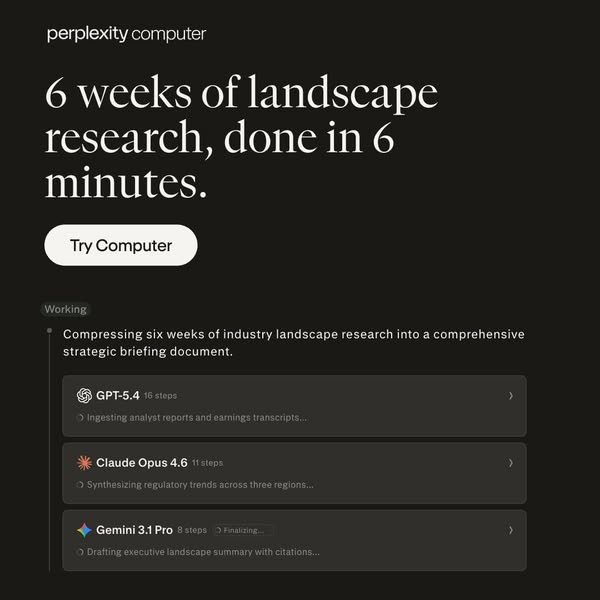 This ad for Perplexity AI leads with the headline "6 weeks of landscape research, done in 6 minutes" to highli