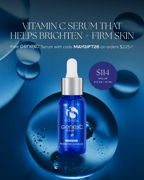 This Meta image ad is advertising iS Clinical's GenexC Vitamin C Serum, promoting its brightening and firming benefi