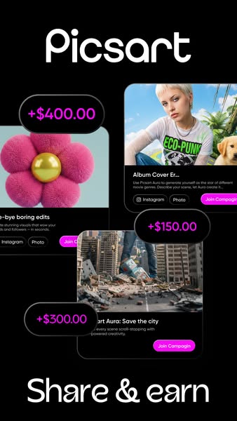 This ad promotes Picsart as a platform to generate stunning visuals and earn money. It highlights features like AI-power