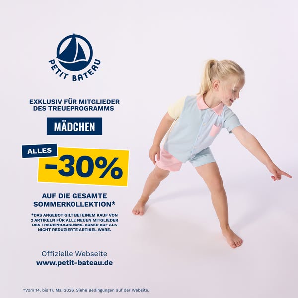 This Petit Bateau ad promotes a discount for loyalty program members on the entire summer collection. A young girl weari