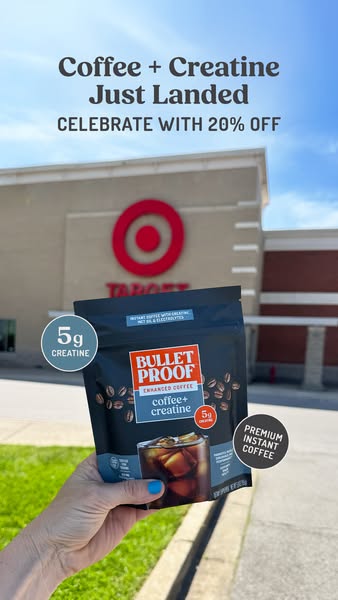 Ad for Bulletproof Coffee + Creatine instant coffee mix. It shows the product packaging being held in front of a Target 
