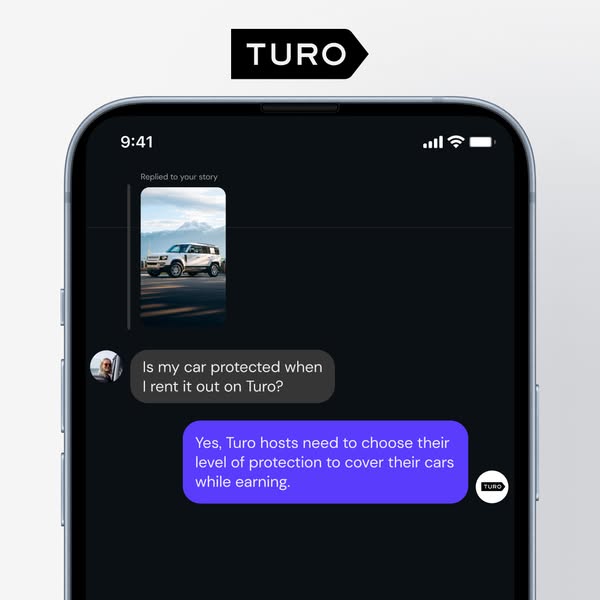 This ad promotes Turo by addressing a common concern hosts have: car protection. It uses a mock text message conversatio