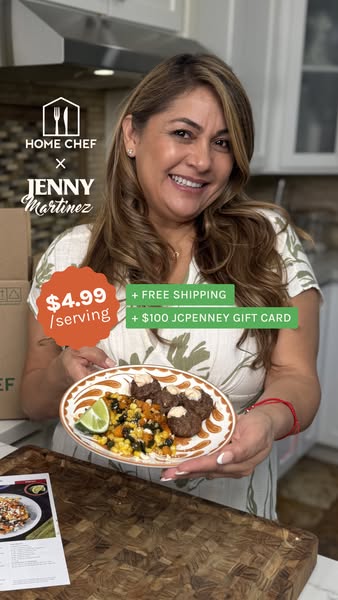 An ad for Home Chef meal kits, featuring chef Jenny Martinez. She presents a ready-to-eat meal made from Home Chef ingre