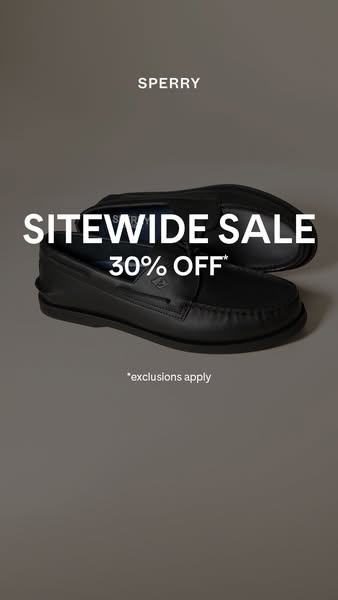 This Sperry ad promotes a sitewide sale of 30% off, with exclusions, featuring a pair of the brand's signature black