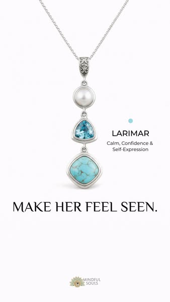 This ad for Mindful Souls jewelry highlights the Larimar necklace, focusing on its ability to evoke feelings of calm, co