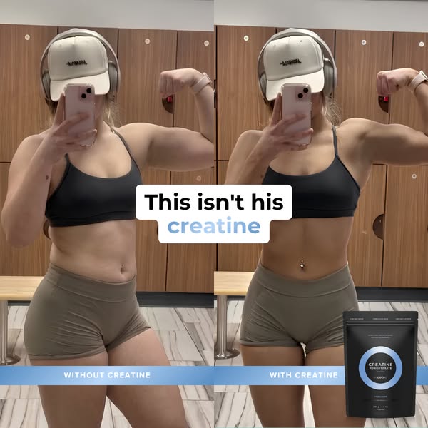 Split screen image shows a person flexing their arm and stomach, comparing how the person looks without creatine in the 