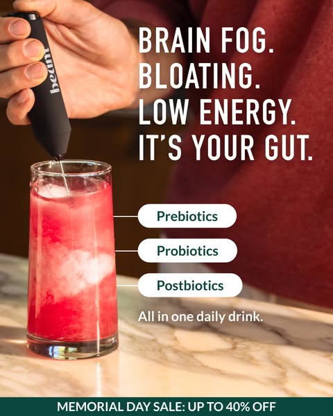 This ad emphasizes the benefits of good gut health, specifically brain fog, bloating, and low energy, by addressing it w