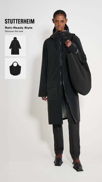 This ad showcases the Stutterheim brand and their rain-ready jacket and tote bag. The ad features a model wearing the ja