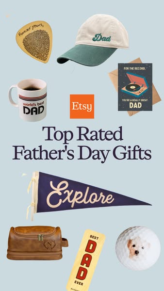 The ad showcases top-rated Father's Day gifts available on Etsy, featuring various personalized items like a guitar 
