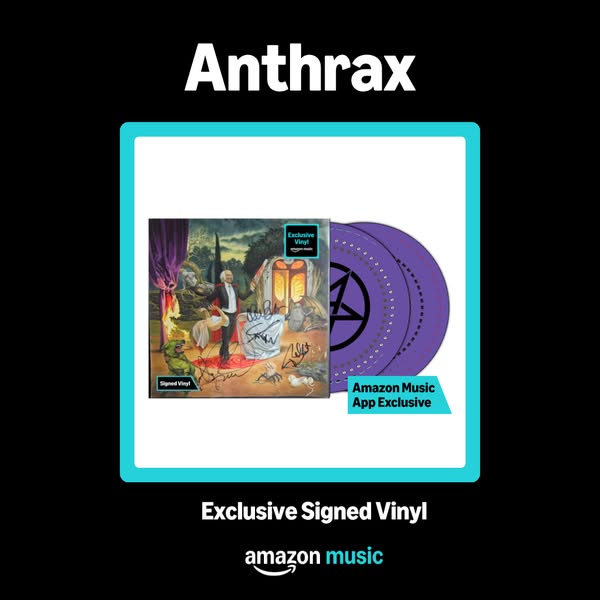 This ad promotes the band Anthrax's exclusive signed vinyl record available on Amazon Music. The ad features an imag