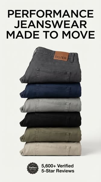 This image ad highlights the DU/ER brand and their line of performance jeanswear. A stack of jeans in different colors f
