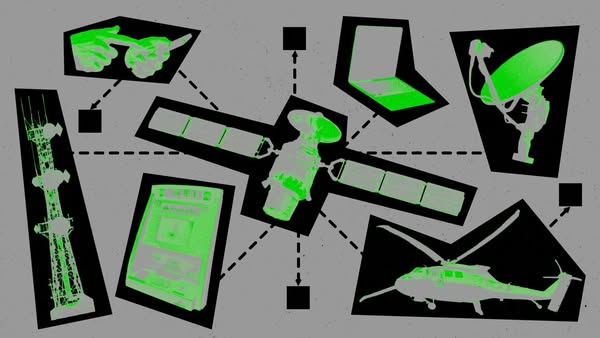 This ad features an abstract illustration of various communication technologies connected by dashed lines and black squa
