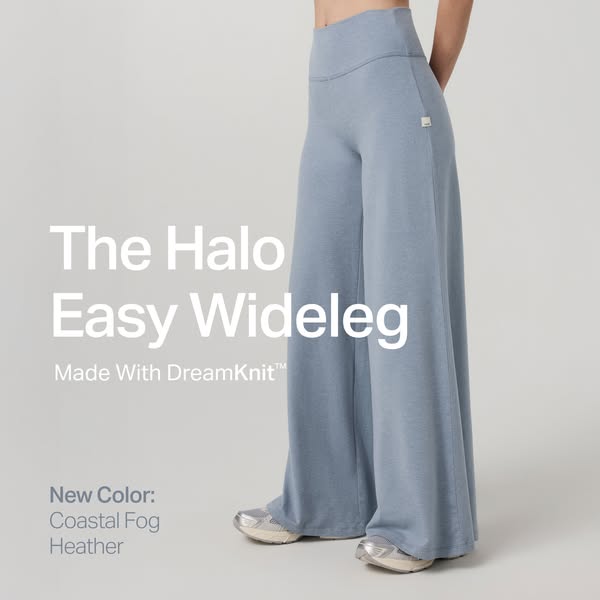 This image ad showcases the Halo Easy Wideleg pants in a new color (Coastal Fog Heather). It uses clean photography and 