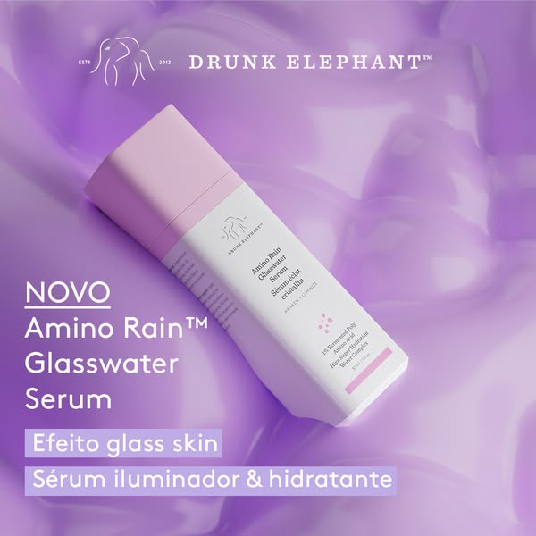 An ad for Drunk Elephant's Amino Rain Glasswater Serum, presented in a minimalistic and aesthetically pleasing way. 