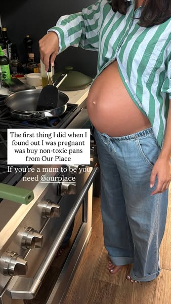 This ad features a pregnant woman cooking with Our Place pans. The ad highlights the importance of using non-toxic cookw
