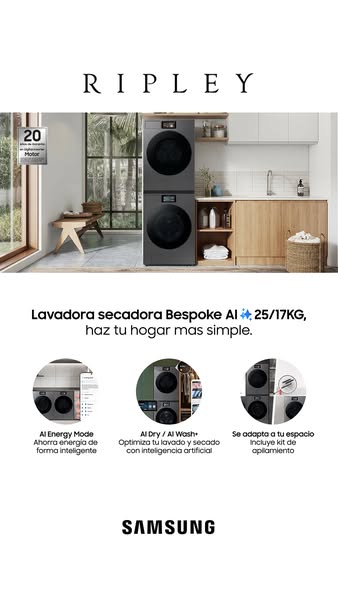 This ad for the Samsung Bespoke AI Washer/Dryer highlights its features and space-saving design with accompanying text.
