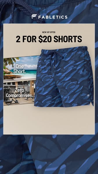 This image ad from Fabletics promotes a new VIP offer: 2 pairs of shorts for $20. The ad showcases the shorts with a blu