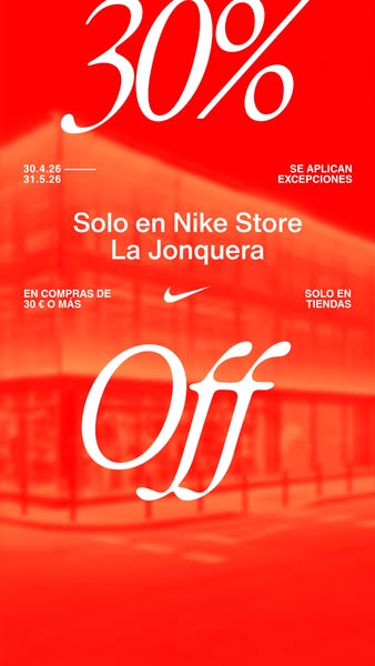 This image ad promotes a 30% off sale at the Nike store in La Jonquera, Spain. The sale is valid for purchases of 30 eur