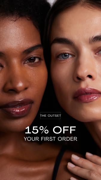 This image ad for The Outset features a close-up of two women's faces and promotes a 15% discount on the customer