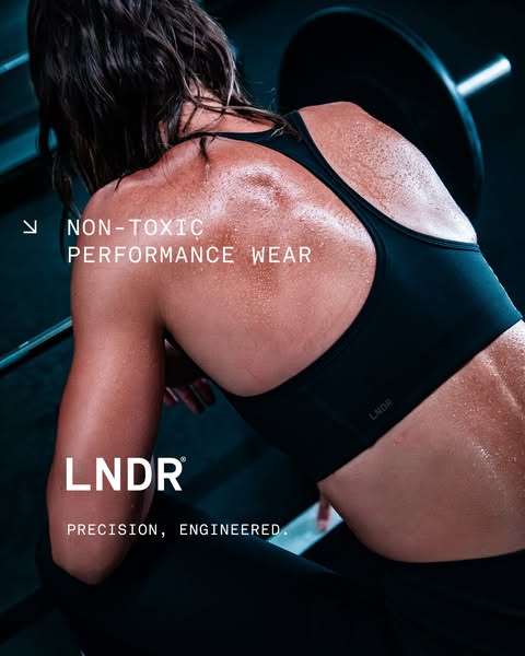 This ad features a woman working out in activewear, highlighting the non-toxic and high-performance design of the LNDR b