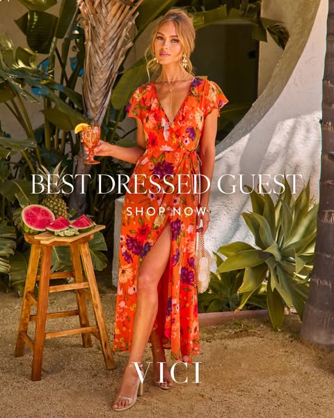 The ad features a woman in a tropical setting wearing a floral dress. Text overlay states "BEST DRESSED GUEST"