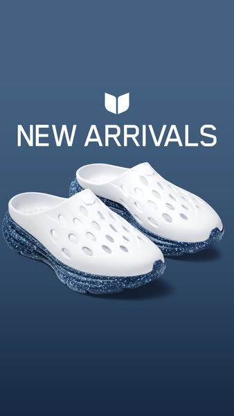 This ad showcases a pair of white slide sandals with a blue textured sole. The ad's headline announces 'New Arri