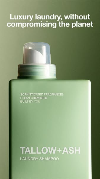 This ad features Tallow + Ash Laundry Shampoo. The ad highlights the brand's commitment to sophisticated fragrances,