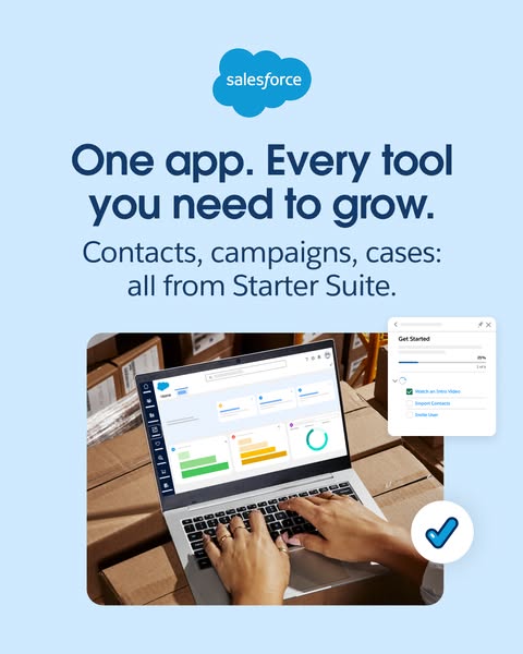 This ad for Salesforce's Starter Suite showcases its functionality as a single app with all the necessary tools for 