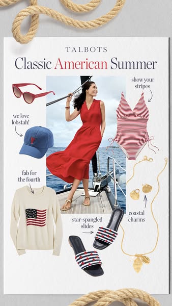 This image ad for Talbots showcases a variety of clothing items and accessories inspired by a classic American summer. I