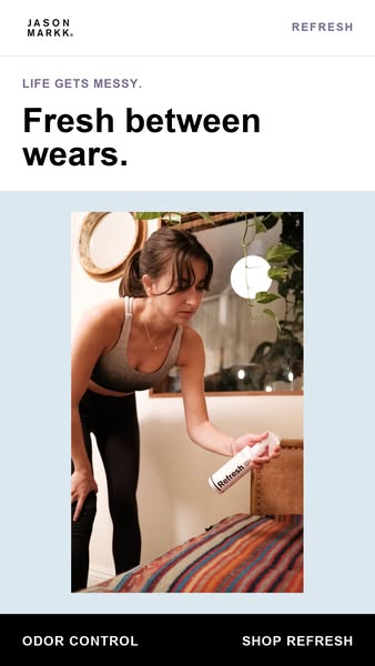 Jason Markk ad highlighting a product for refreshing clothes between washes.