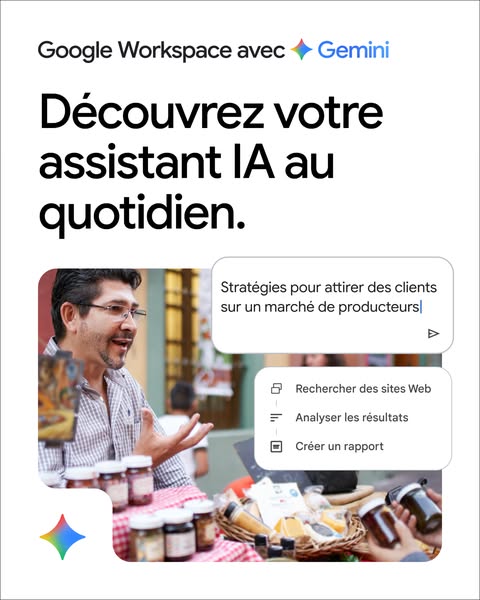 This ad for Google Workspace with Gemini features a person at what appears to be an outdoor market, selling jars of good