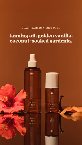 The ad showcases two spray tan products in a visually appealing setting with flowers and a reflective surface. The headl