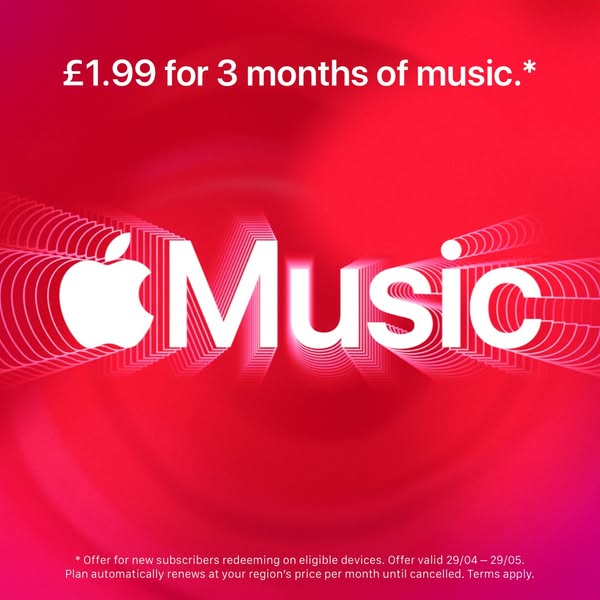 This ad promotes Apple Music with a special offer for new subscribers: £1.99 for 3 months of music. The offer is valid f
