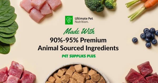 An ad for Ultimate Pet Nutrition featuring an array of fresh, high-quality ingredients that are used in the company'