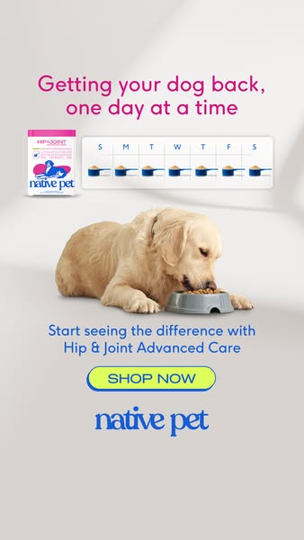 This ad is for Native Pet Hip & Joint Advanced Care. The ad shows a dog eating from a food bowl, along with the supp