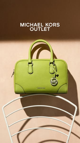 The image showcases a lime green purse on top of a white metal chair against a peach and brown backdrop. The ad seems to