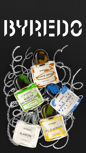 A product ad that showcases a variety of Byredo perfumes against a dark backdrop with white chalk-like scribbles.