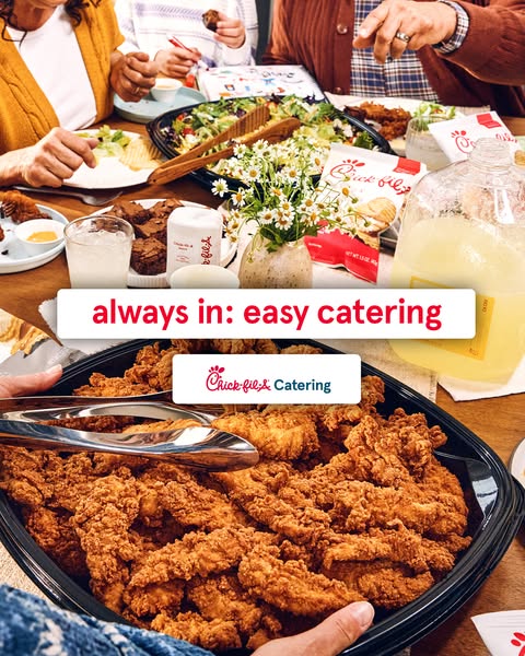 This ad for Chick-fil-A promotes their easy catering. The ad features a table full of different Chick-fil-A catering opt
