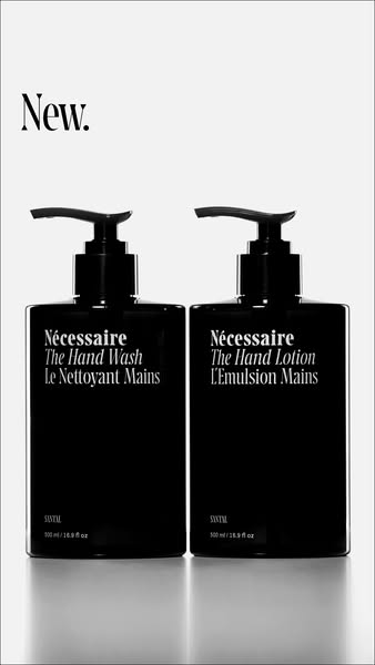 This ad features two hand care products, a hand wash, and a hand lotion, by Nécessaire. The products are displayed again