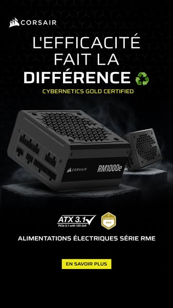 This ad showcases Corsair's RM1000e power supply, emphasizing its efficiency and Cybernetics Gold certification. The